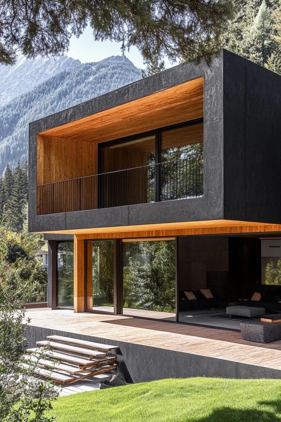 Black Concrete Facade Paired With Wood Details
