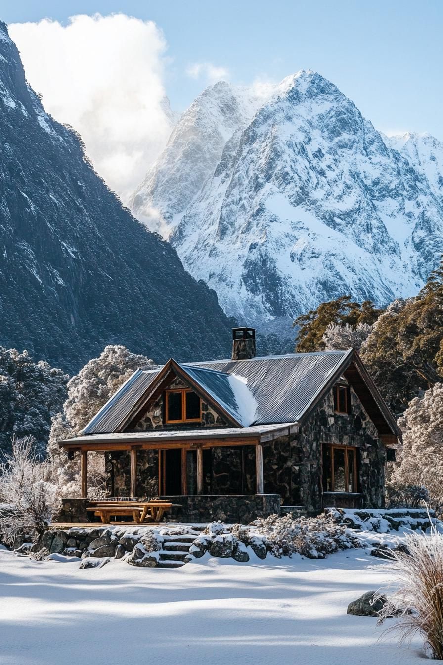 Stone Cabin Surrounded by Snowcapped Peaks