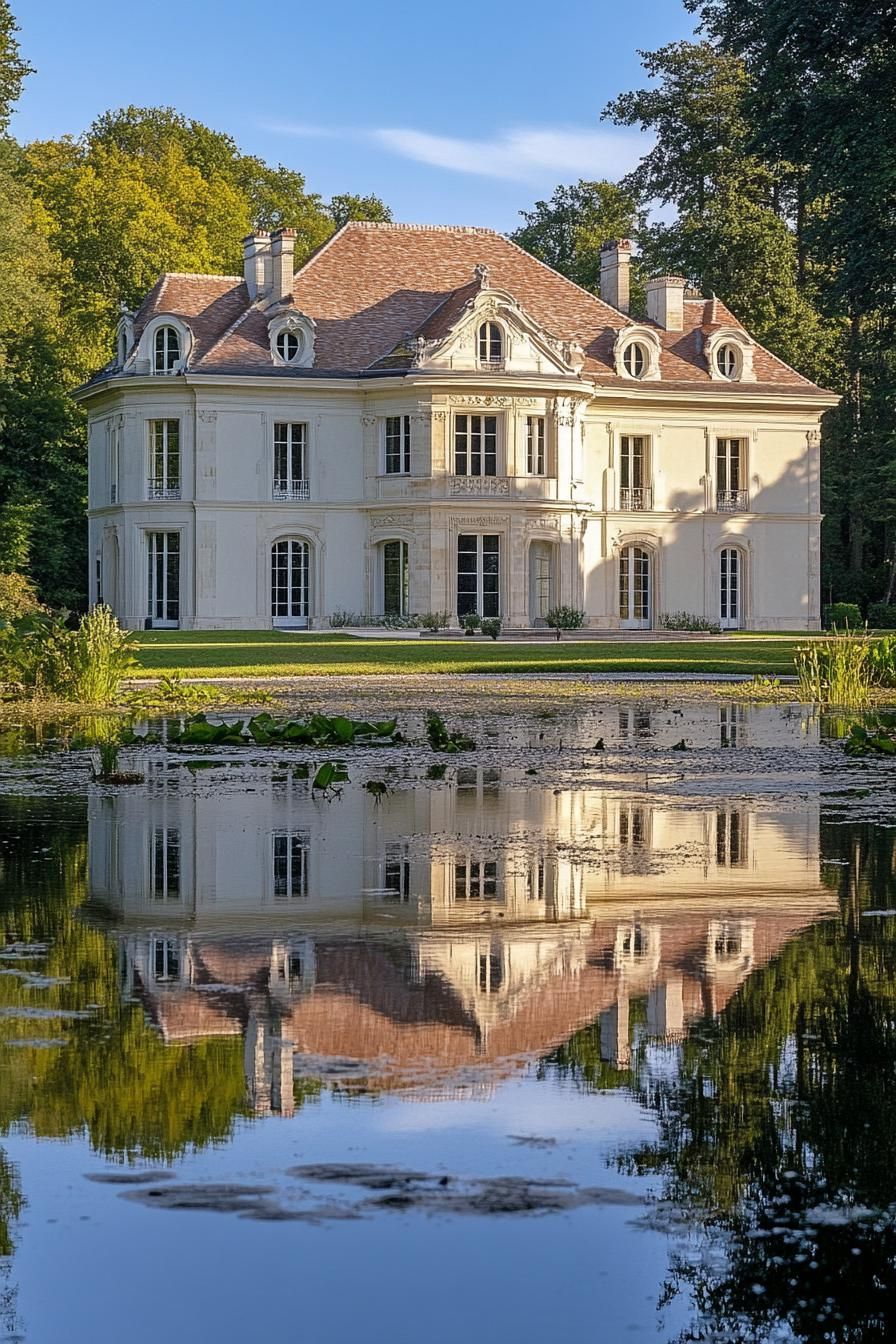 Stately French Mansion Reflected in Calm Water