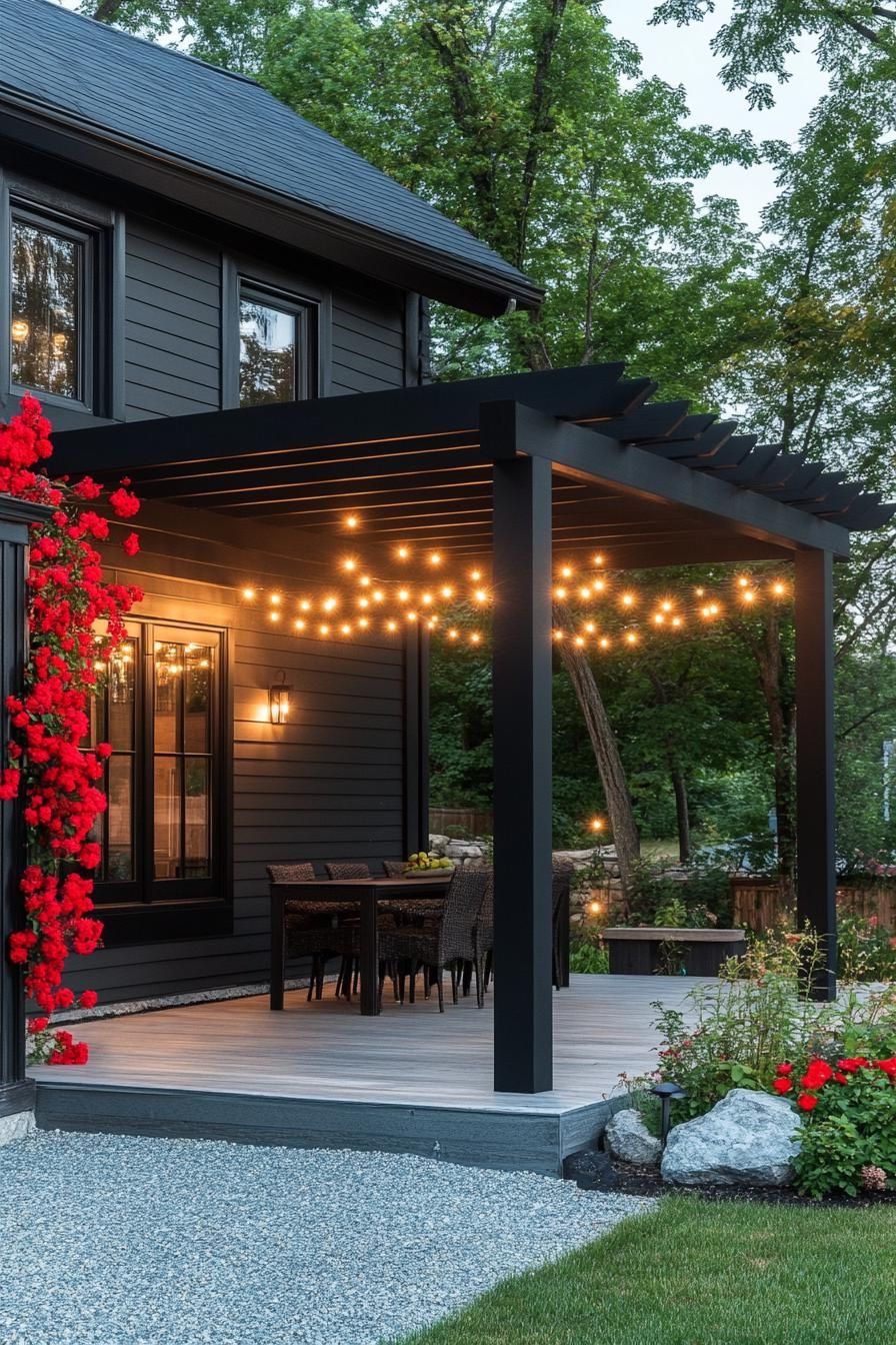 Black Pergola Strung With Solar Lights
