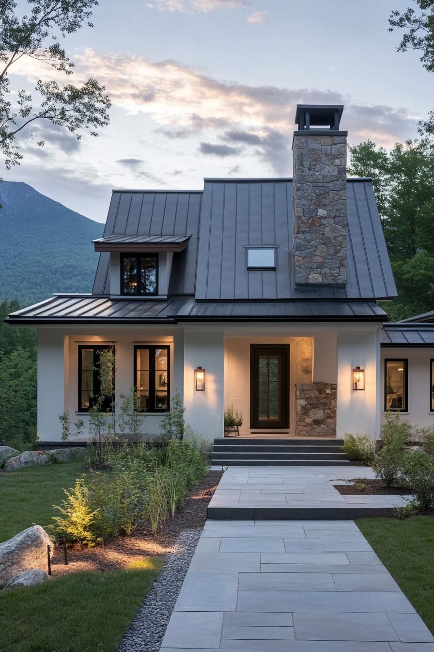 White Stucco Walls with Black Metal Roofs
