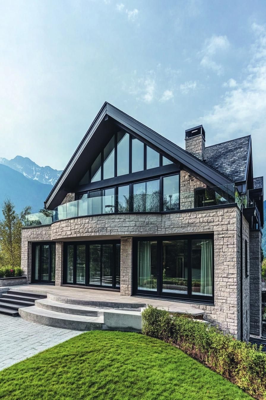 A Sloped-Roof Chalet With Glass Railings