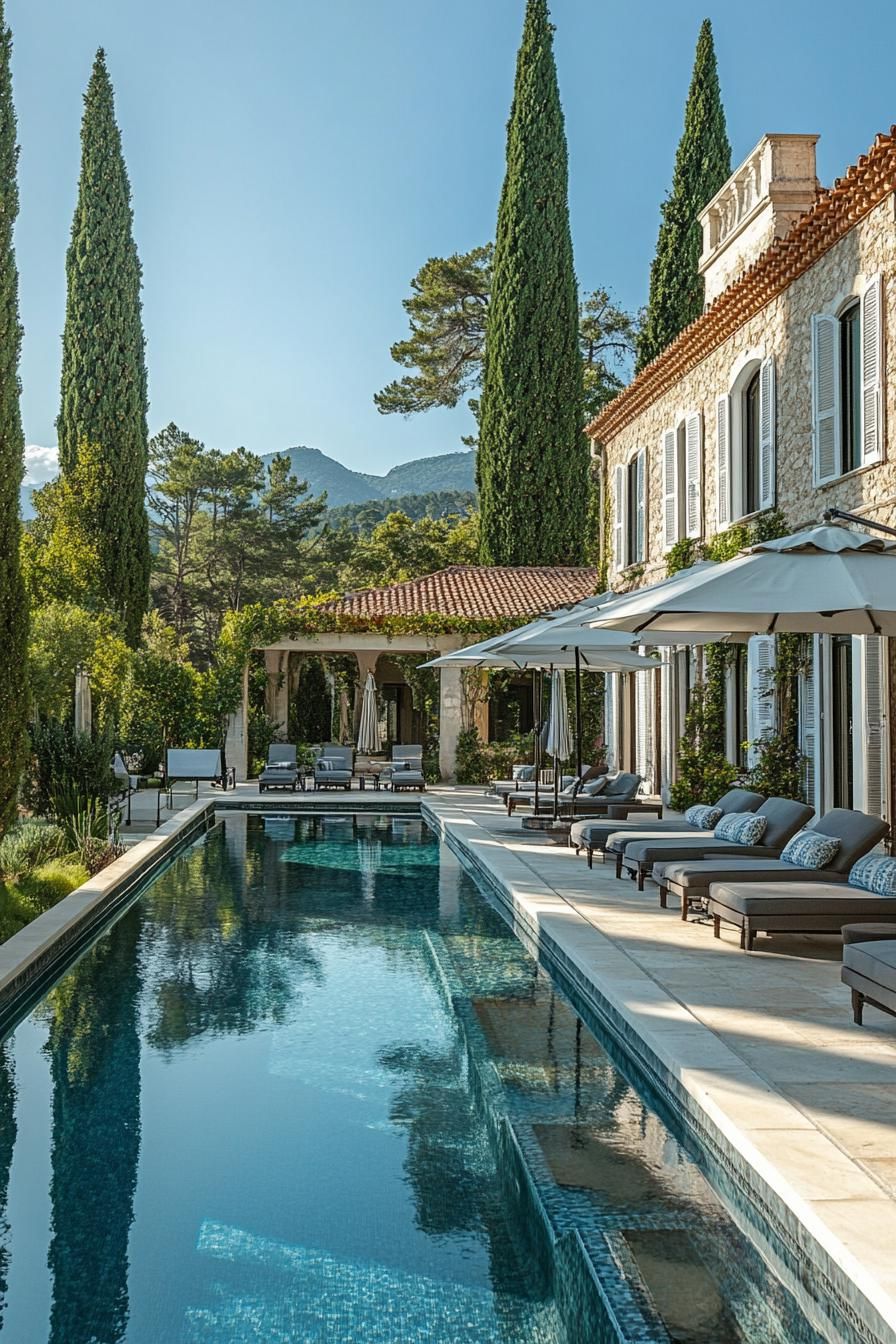 Villa With Sparkling Pool Among Cypress Trees