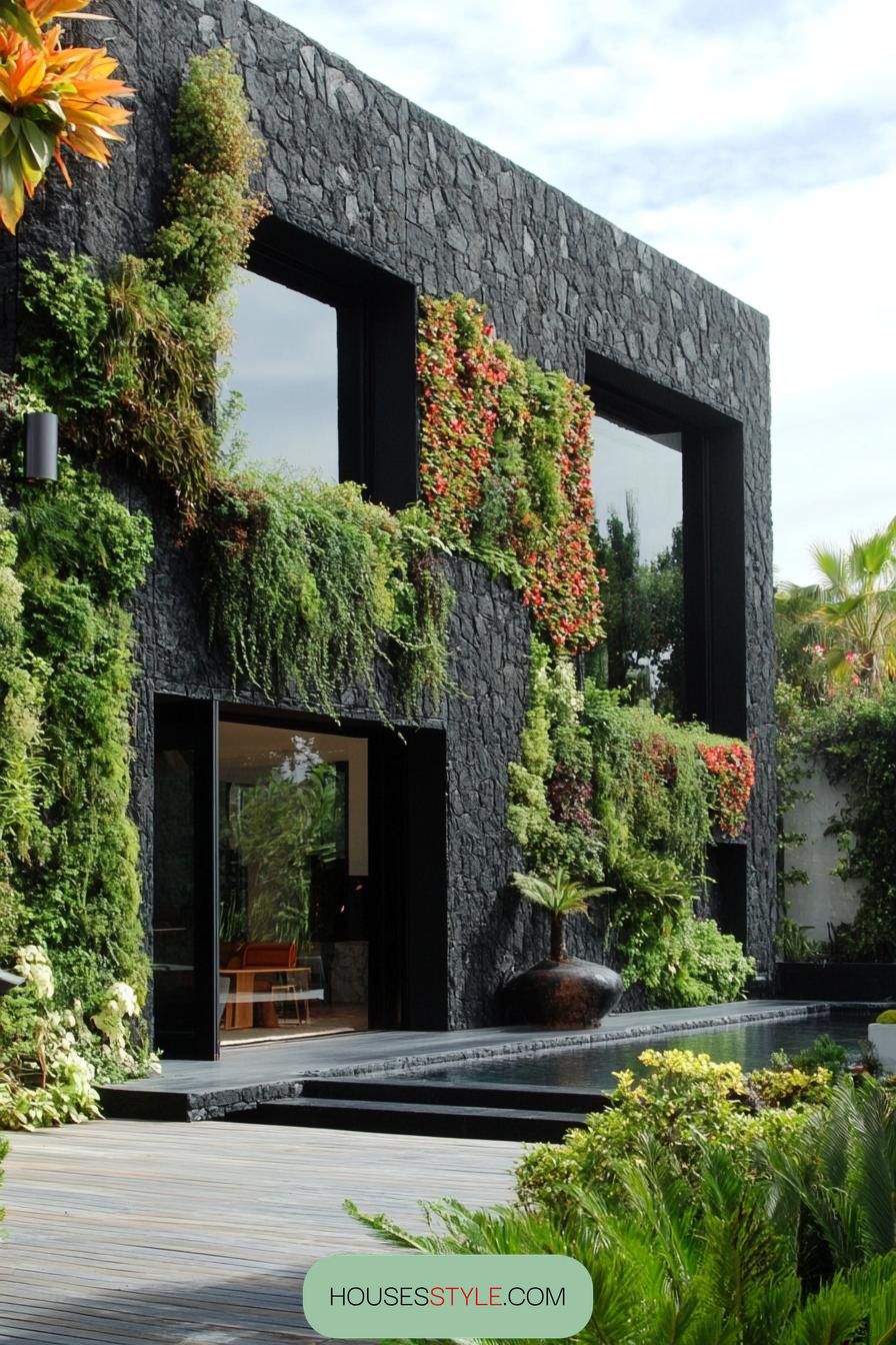 Textured Dark Stone and Lush Greenery