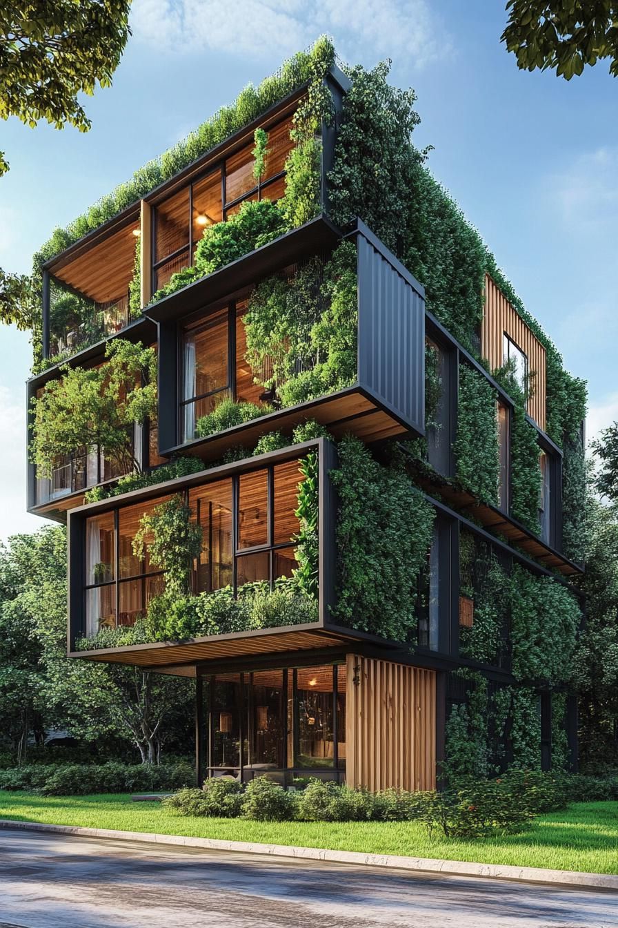 A Green Container Building Wrapped In Foliage