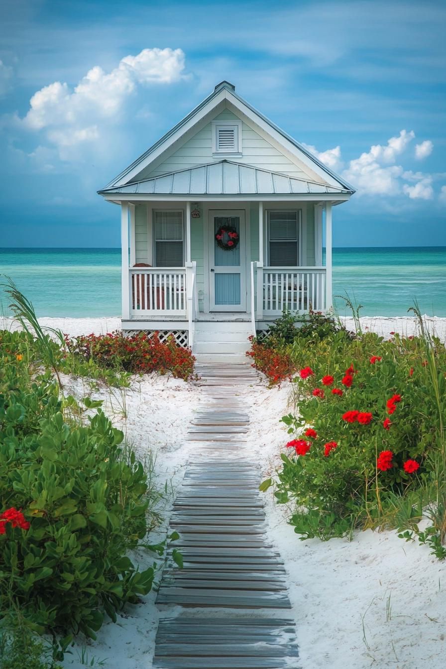 A Small Beach Cottage With A Flower-Lined Walkway