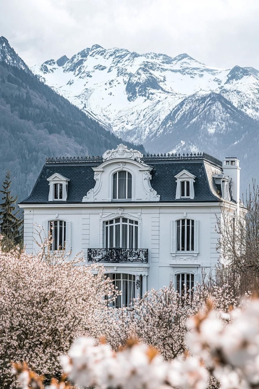 French Mansion Framed by Mountain Scenery
