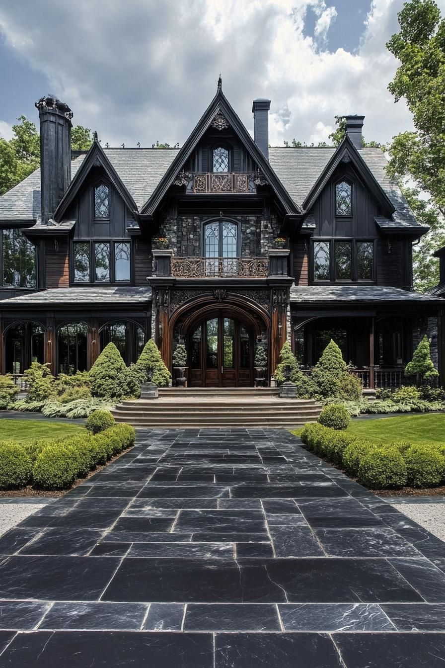 Black Marble Gothic Mansion With Dark Wood