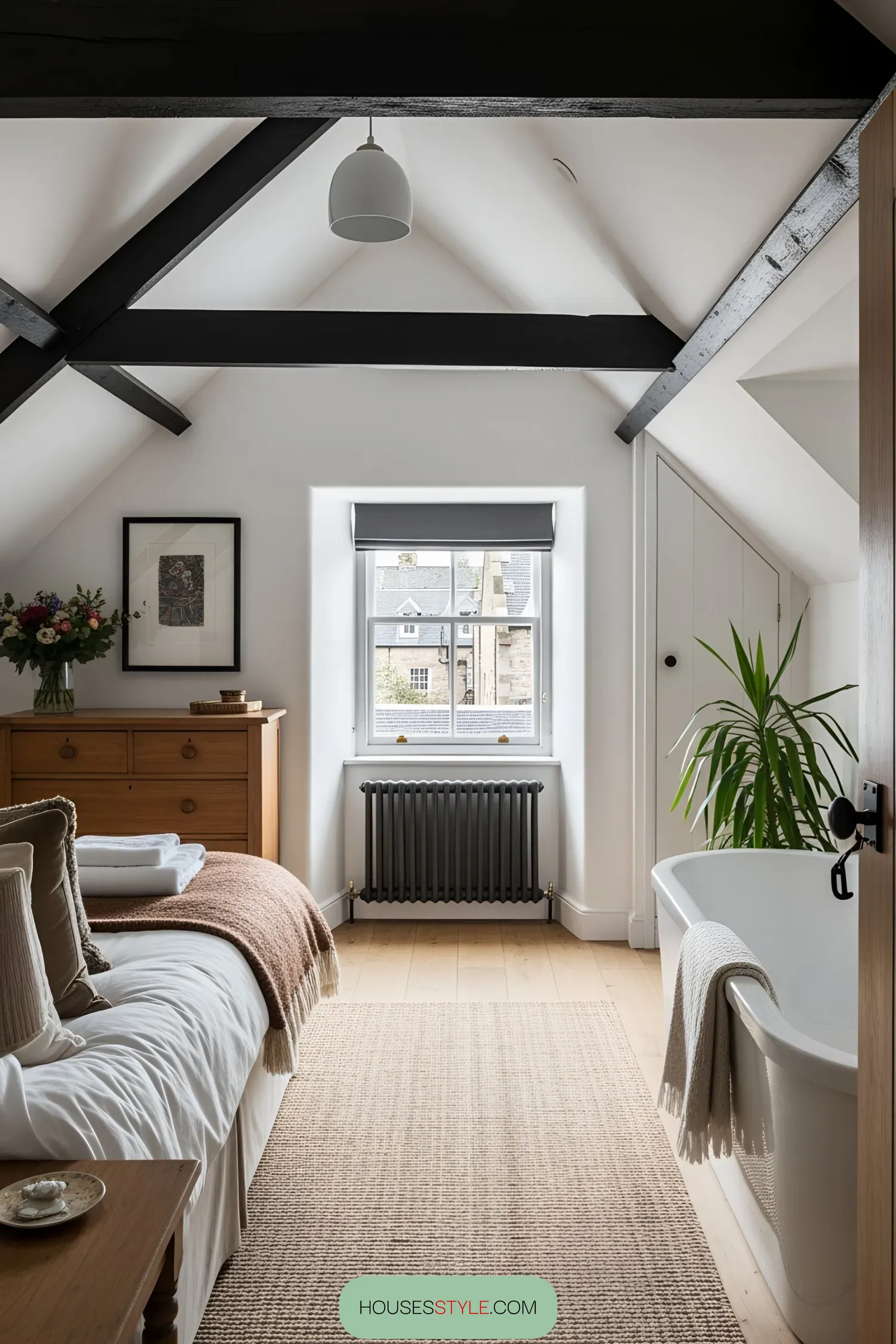 Bathtubs Surrounded by Wooden Beams