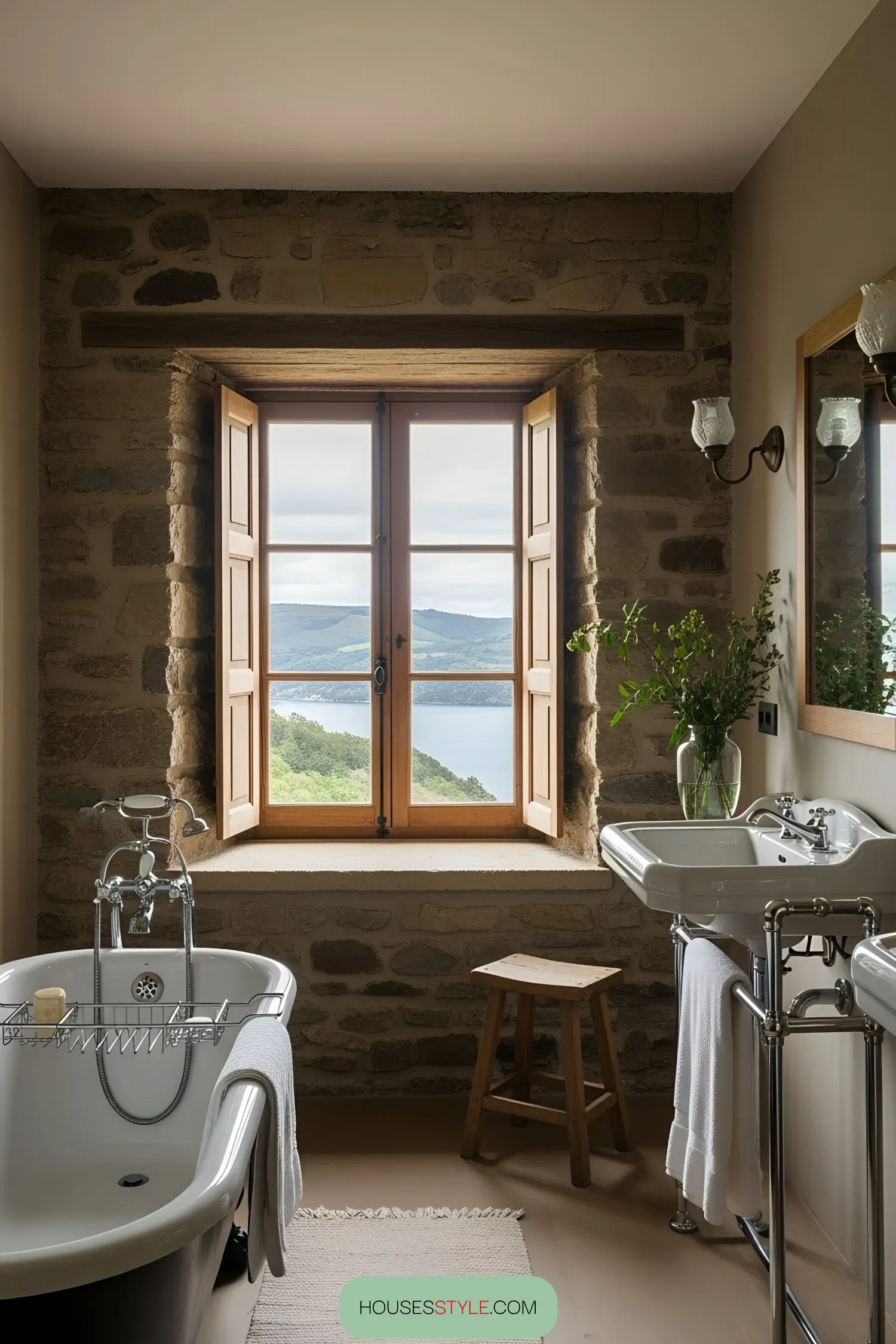 A Stone-Walled Bathroom With a View