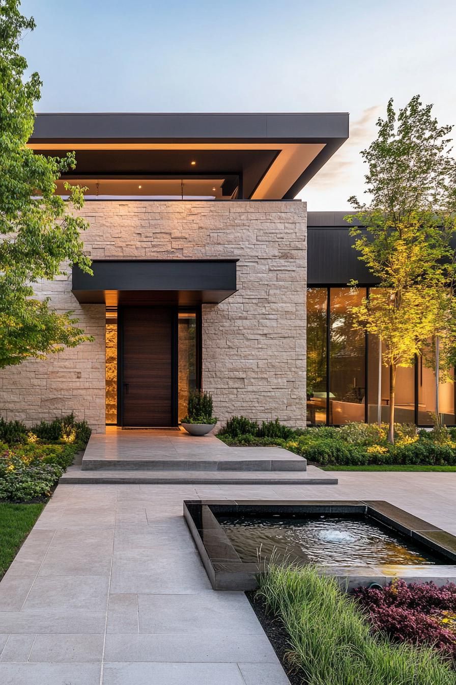 Stone-Clad Exterior With an Entrance Water Feature