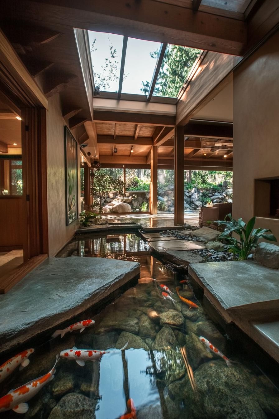 An Indoor Koi Pond With a Small Bridge