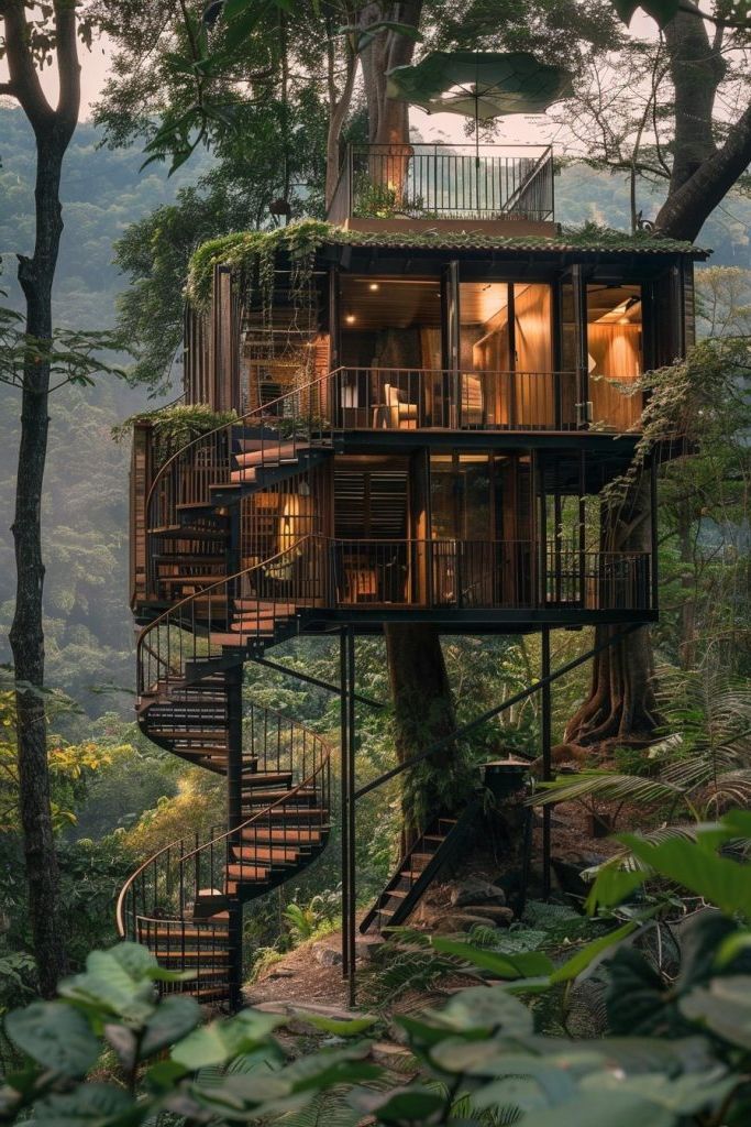 Multi-Level Cabin With a Spiral Staircase