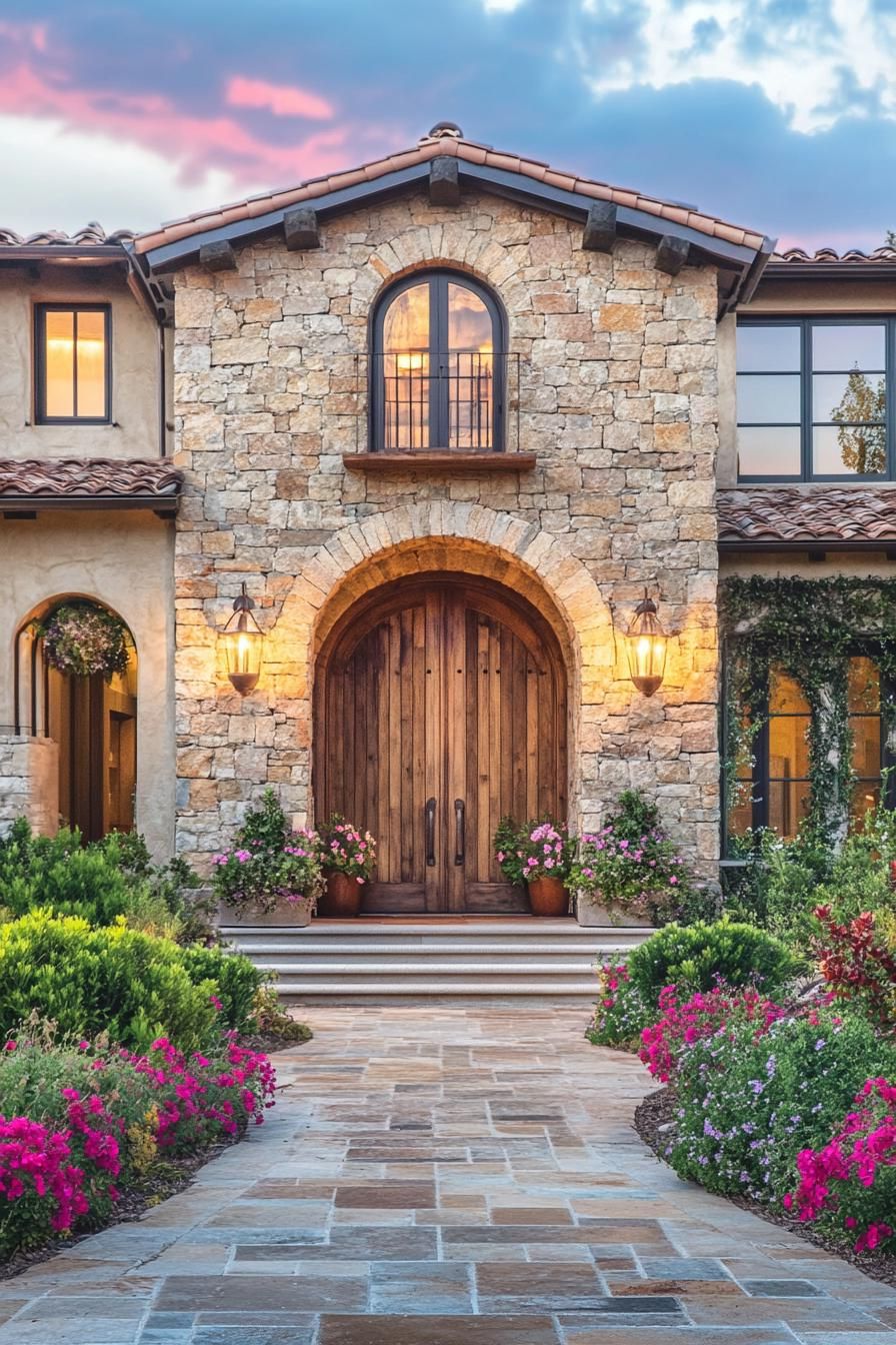 Stone Exteriors With Arched Wood Doors