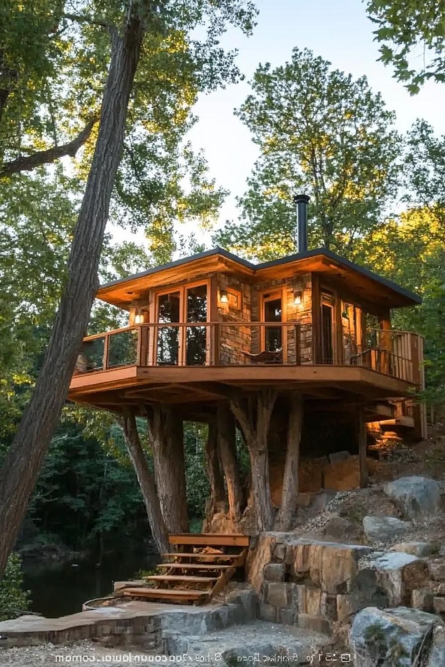 Elevated Treehouses With Rope Bridge Access