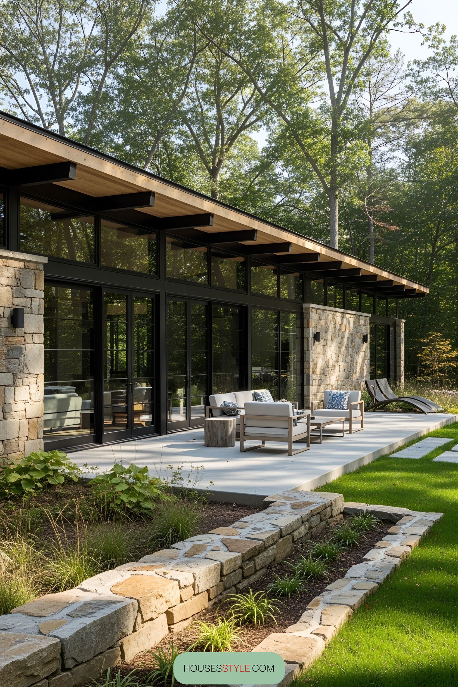Glass Cottage Tucked Into Forest Stone