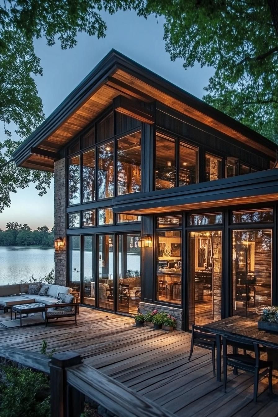 Lake-Facing Glass Walls In Wood Frames