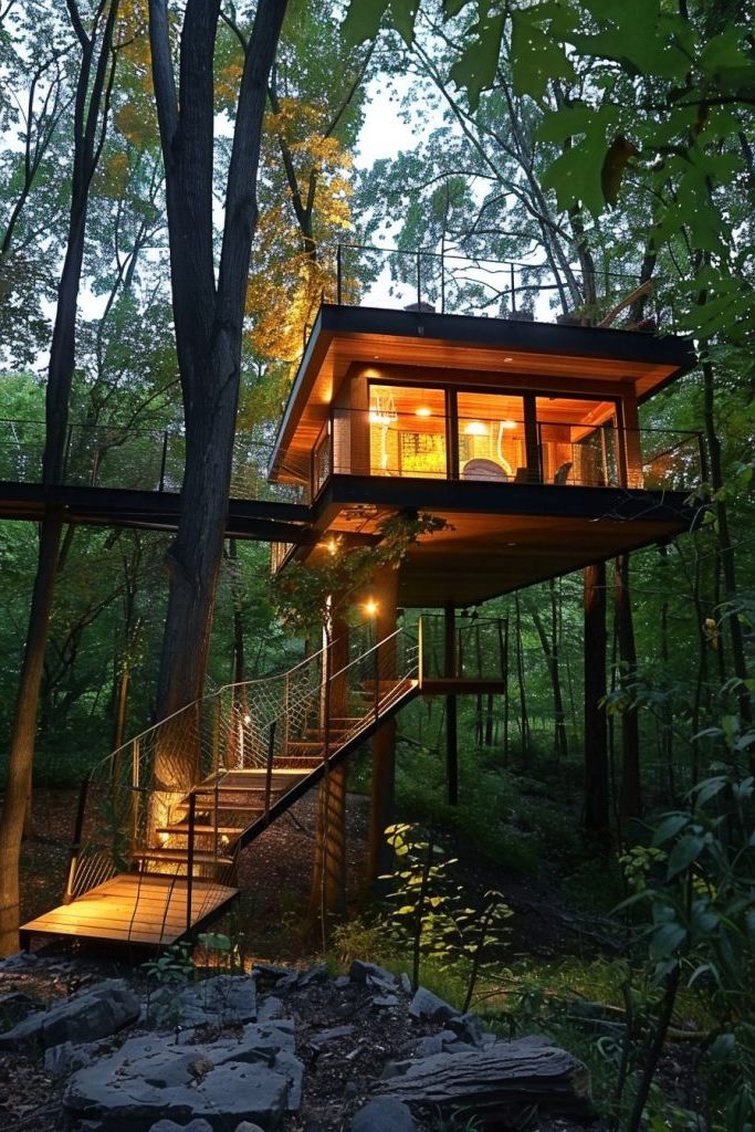 Floating Cabin Linked by Suspension Bridges