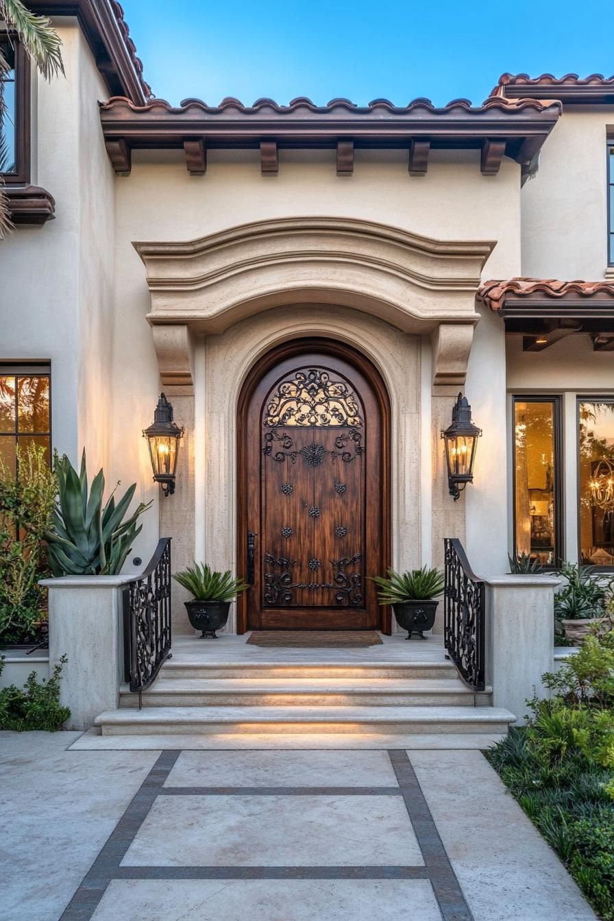 Carved Wood Front Doors With Iron Details