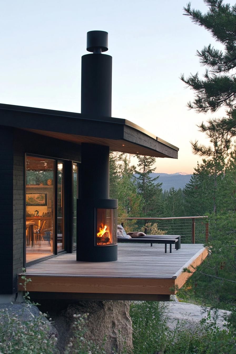A Cabin With a Deck and Fireplace