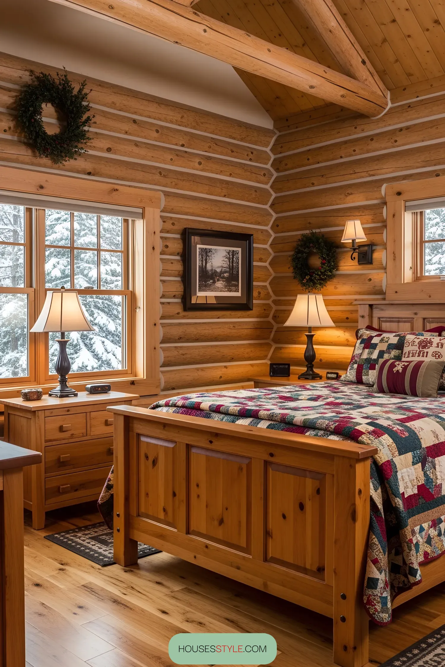A Quilted Log Cabin Bedroom Built for Rest