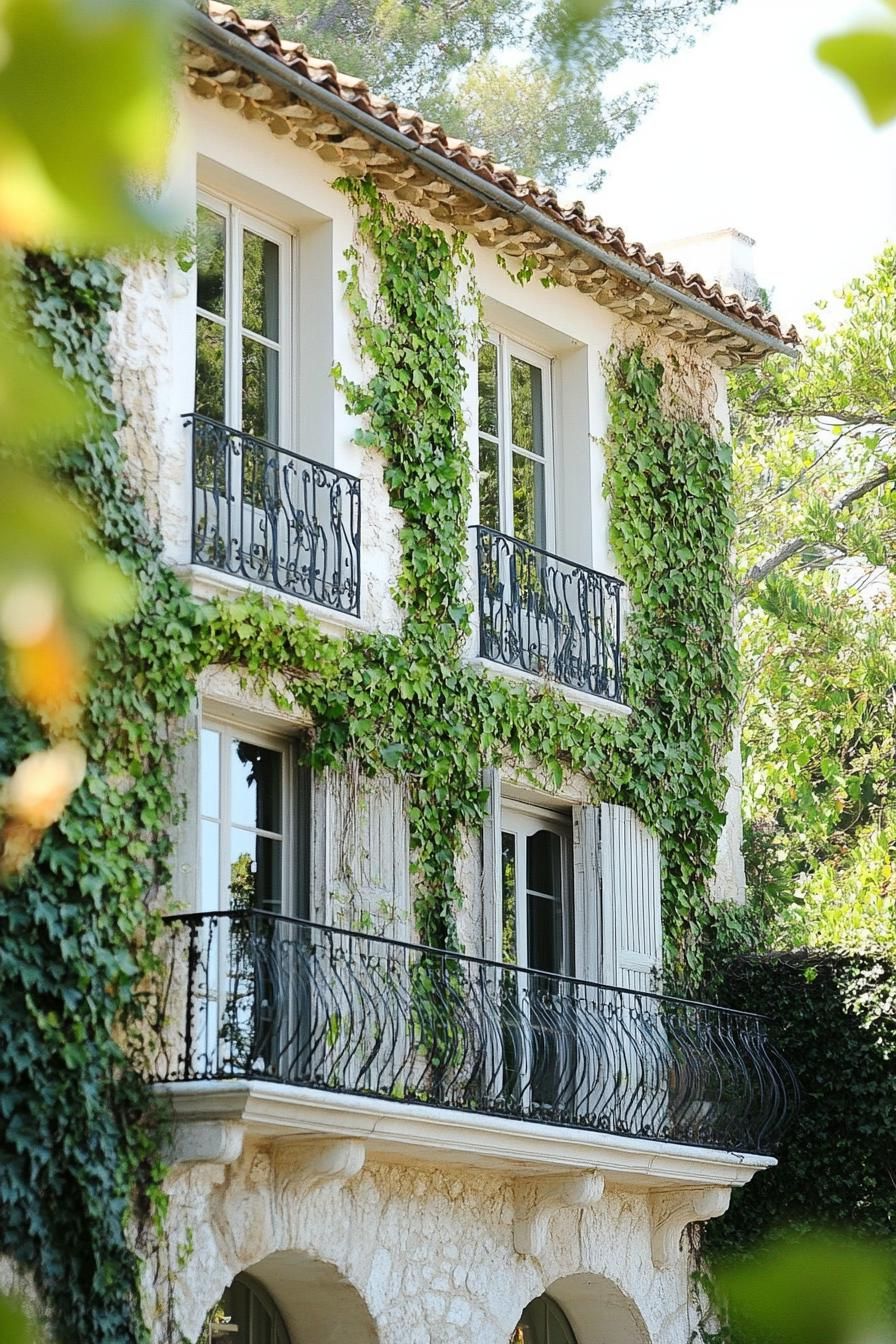 Ivy-Covered Trellises With Iron Balconies