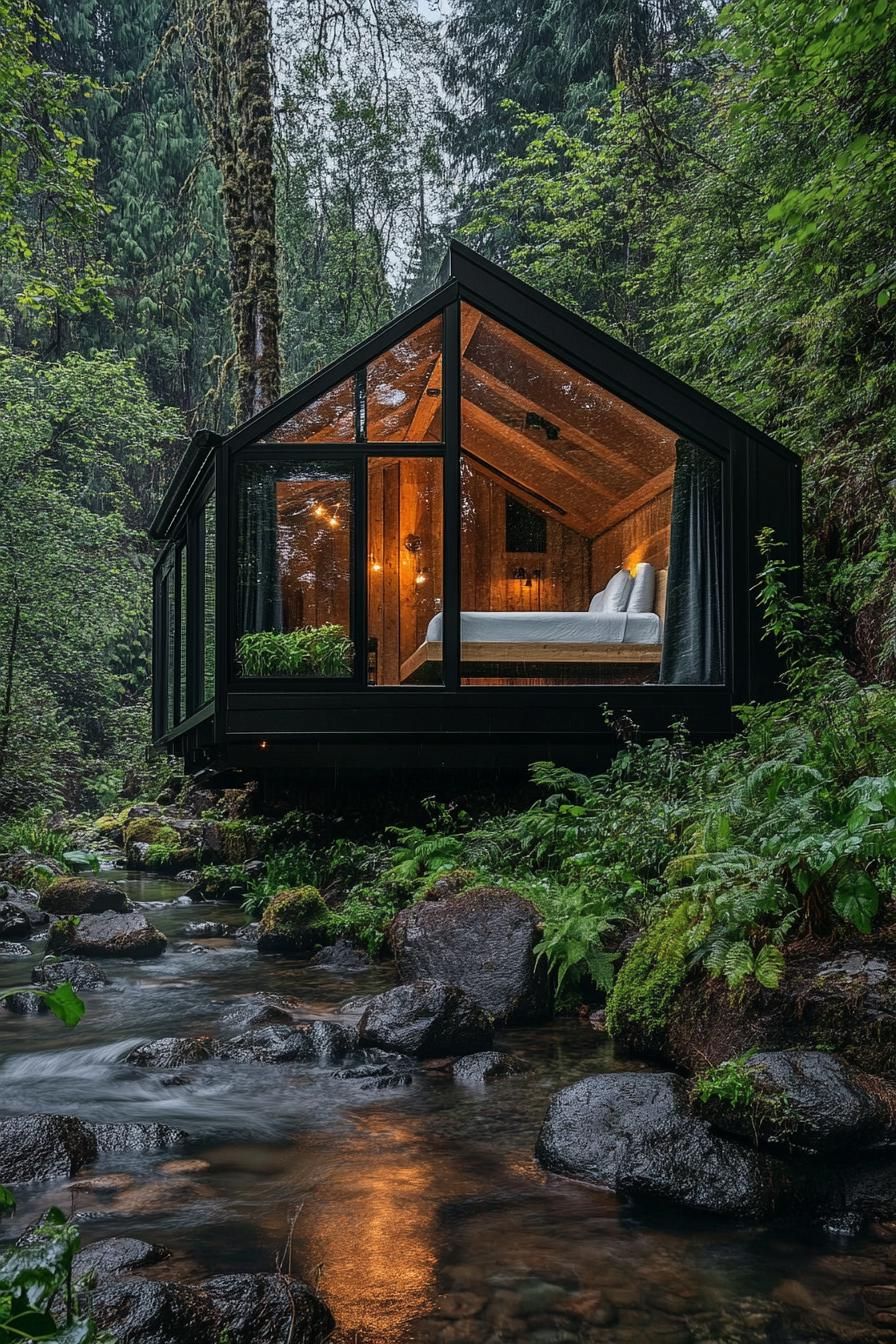 A Sleek Glass Cabin Beside a Stream