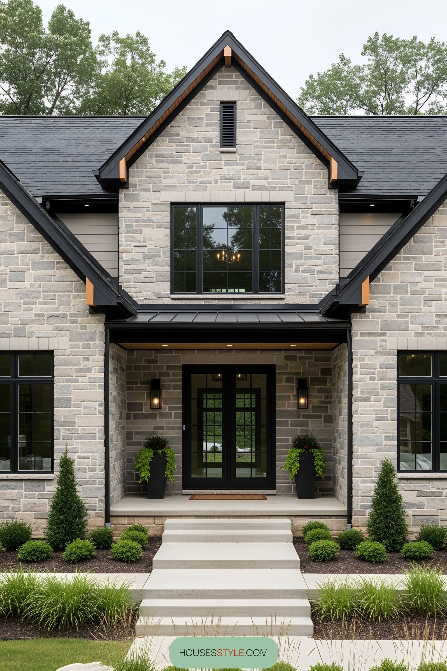 Brick Farmhouse Framed by Lush Greenery