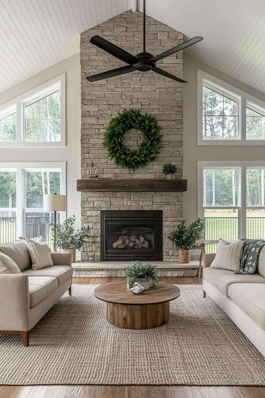 Cozy Wood Beams with Stone Details