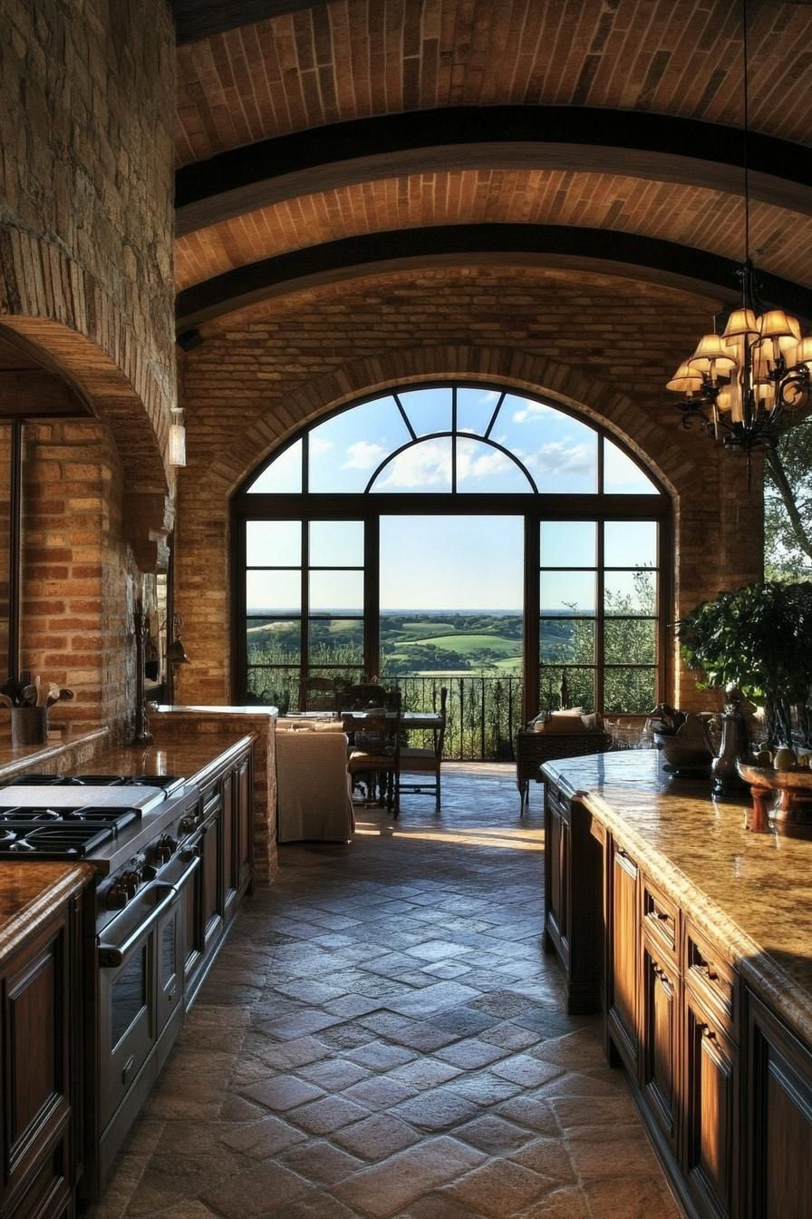 A Tuscan Kitchen with Scenic Views
