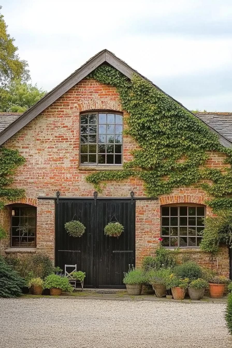 A Brick Barn Facade Covered in Vines