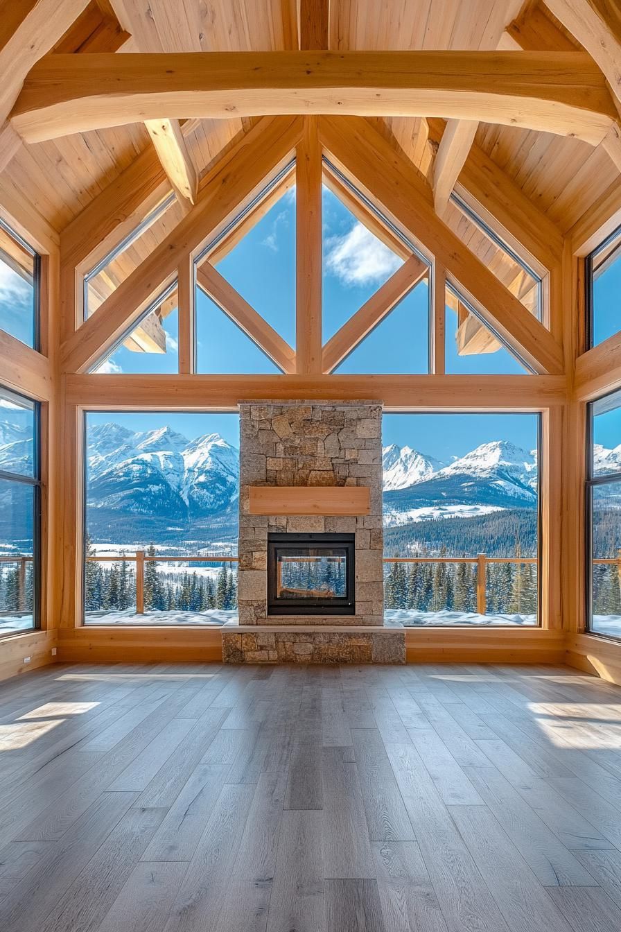 Timber Frame Home With Central Stone Fireplace