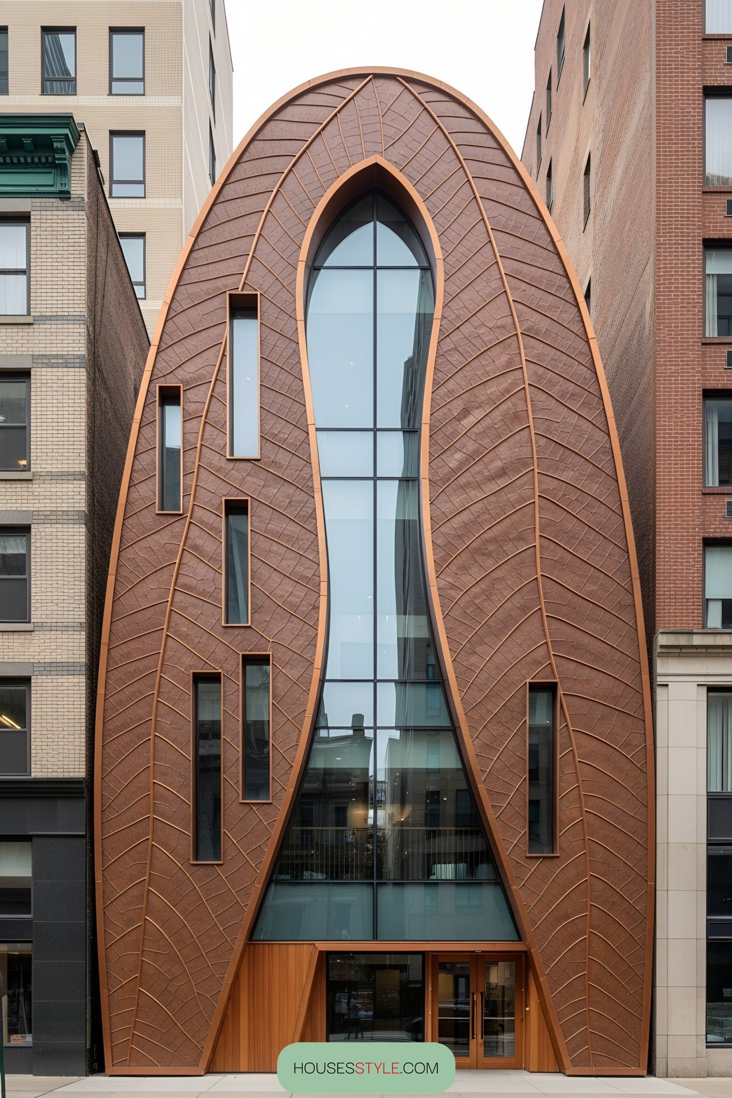 Leafy Facade Rises Among Brick Towers