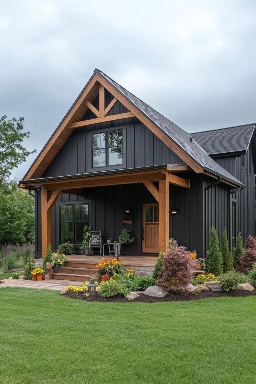Black Cottage With Wooden Accents