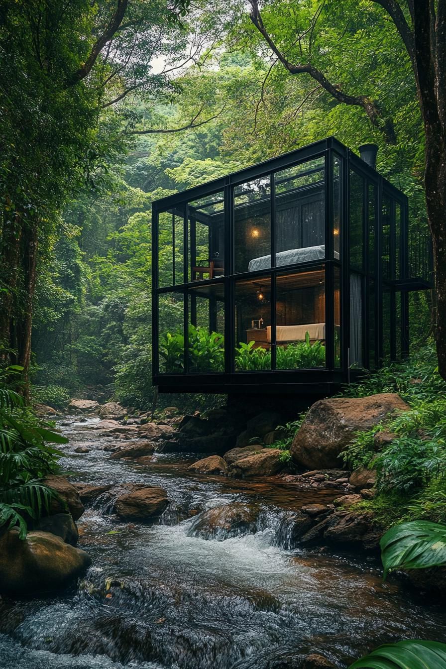 A Glass Cabin Suspended Over a Creek