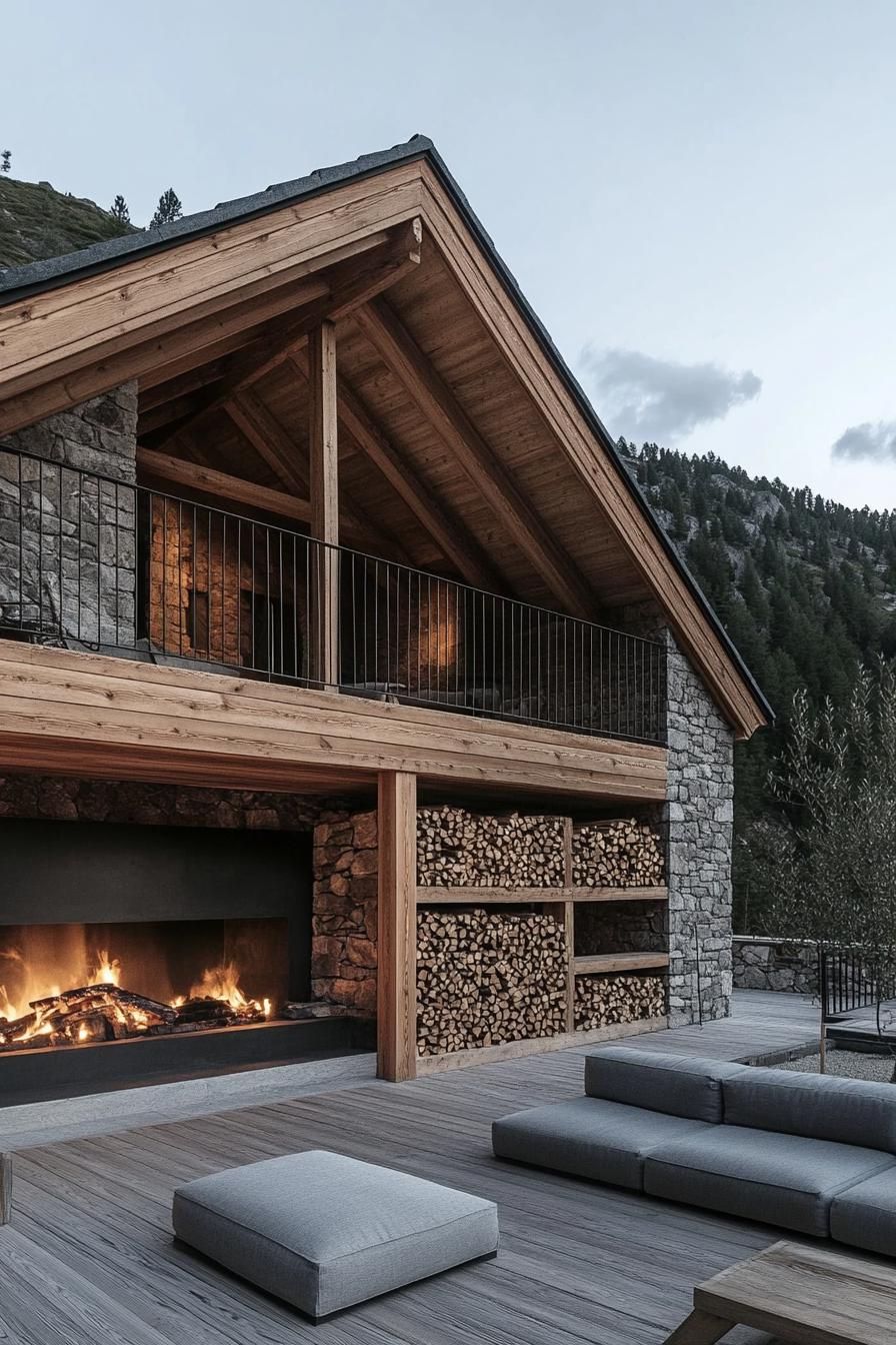 Log House With Built-In Stone Fireplace and Wood Storage