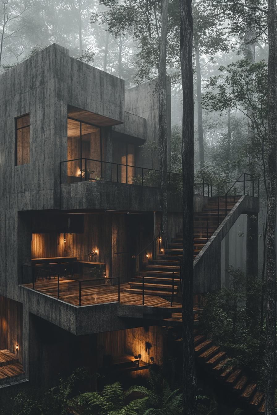 Mist-Covered Forest Lodge Scene