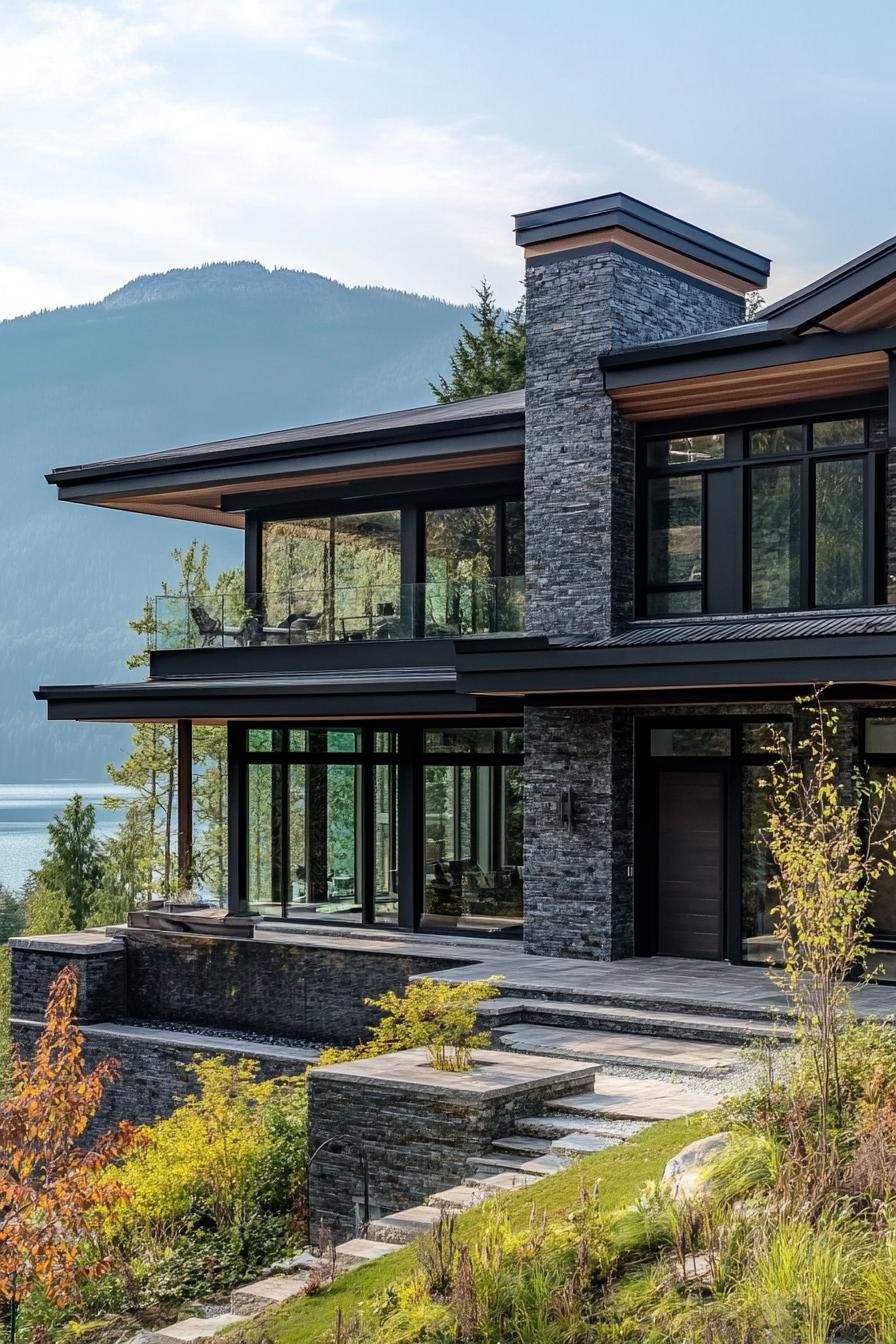 2) Dark Stone Walls With Black Steel Beams and Green Roof