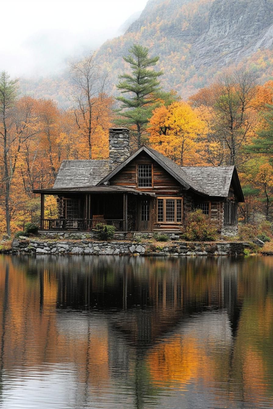 A Log Cabin Reflected on an Autumn Lake