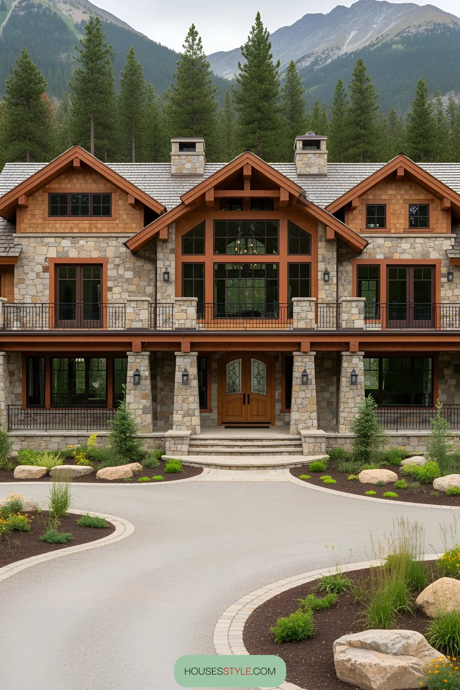 Stone Lodge Surrounded by Mountain Peaks