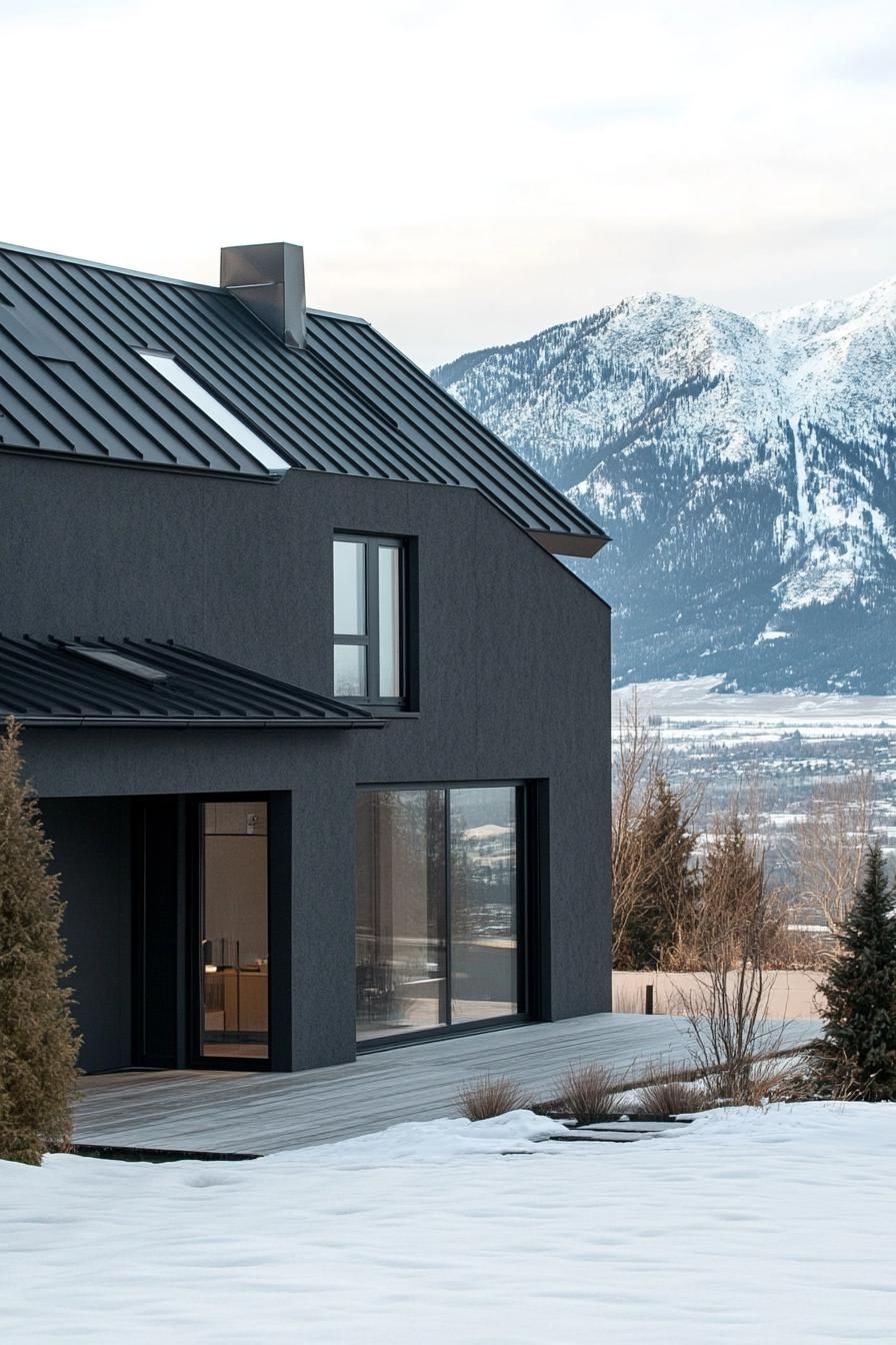 Charcoal Stucco Walls Under A Black Metal Roof