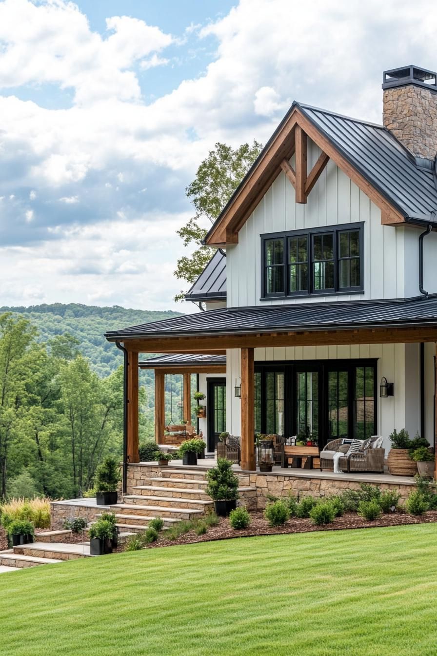 Wrap-Around Porch With Wooden Beams