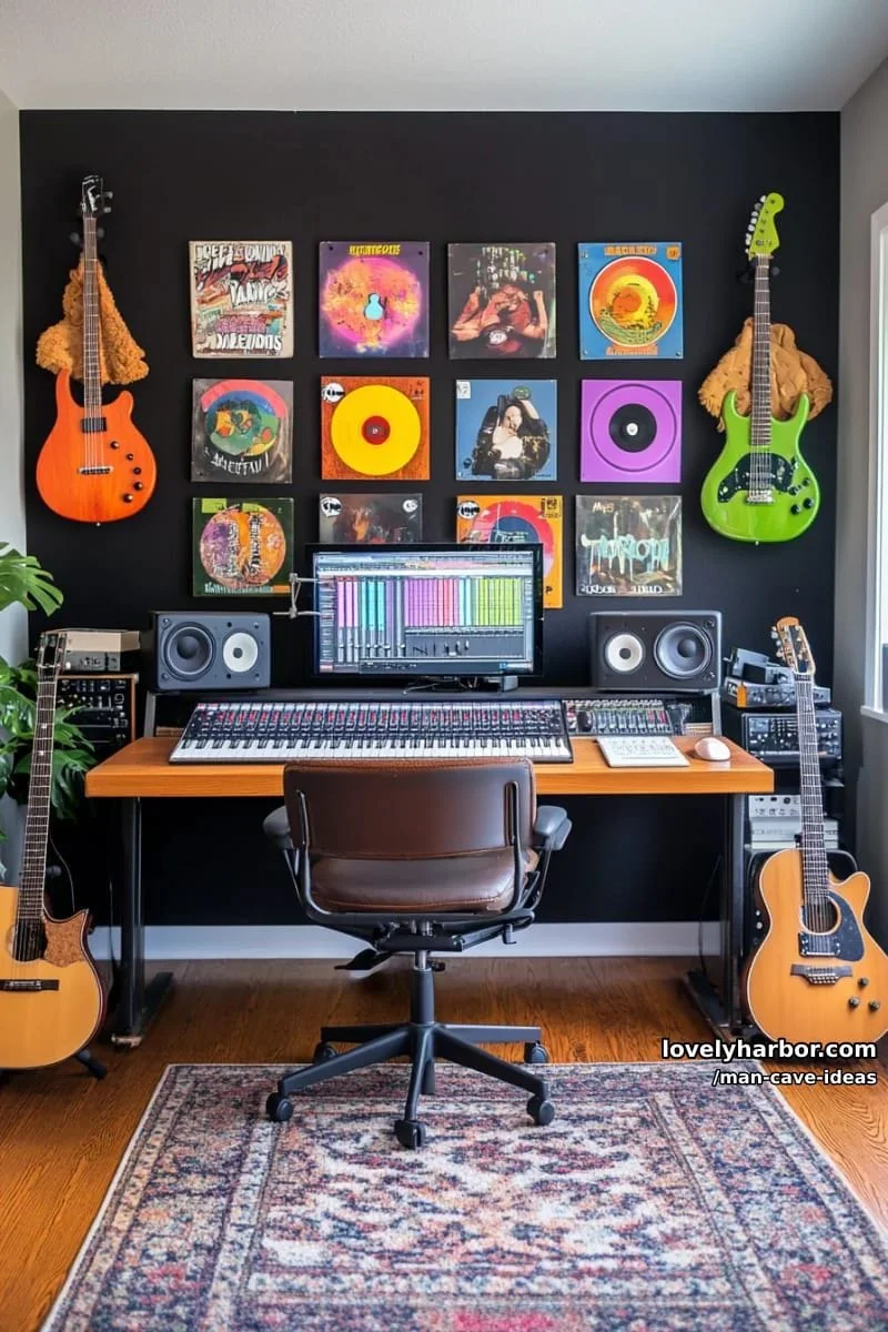 12. Estudio musical con vinilos, guitarras y paneles acústicos