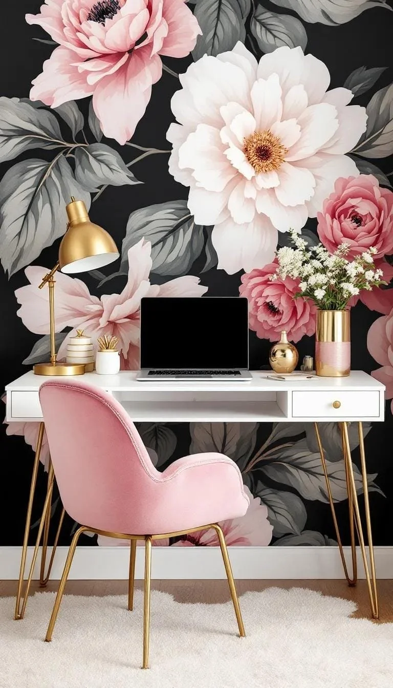 22. Oficina chic con papel tapiz floral y dorado - photo 3