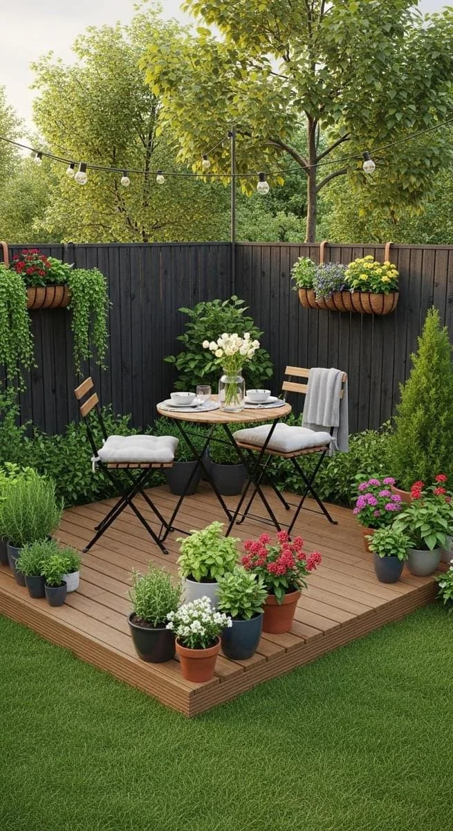 30. Deck elevado pequeño para reuniones con macetas