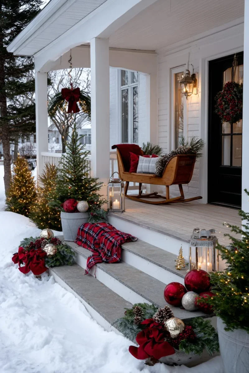 17. Trineo decorativo con follaje, piñas y esferas de terciopelo