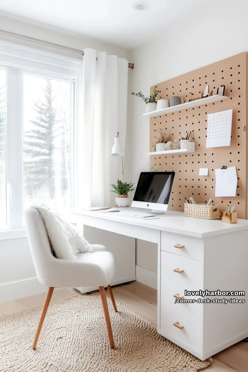 2. Escritorio de esquina blanco estilo escandinavo con madera y panel perforado - photo 3