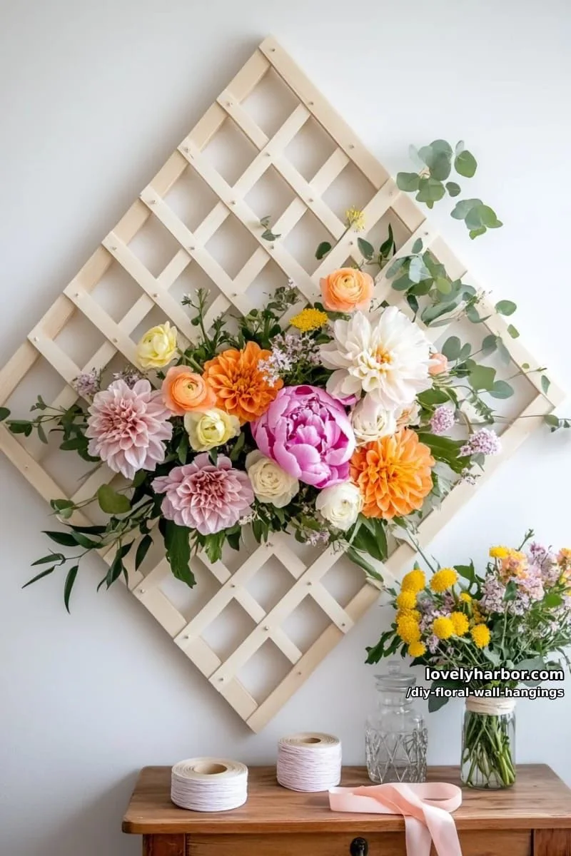 14. Enrejado floral con palitos de helado y flores de colores