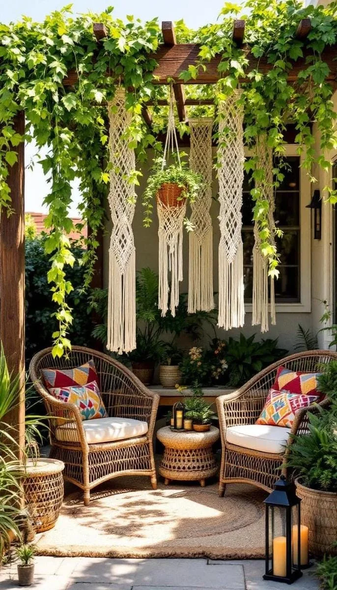 24. Colgadores de macramé bajo la pérgola
