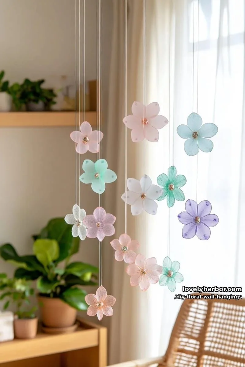 11. Móviles florales con flores acrílicas translúcidas y cuentas